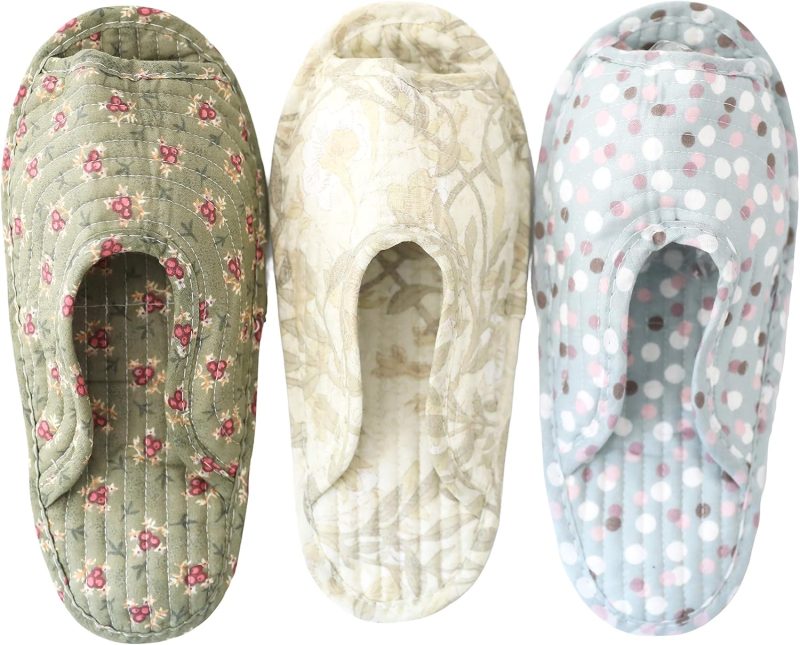 House Slippers for Women - Lightweight Cotton Quilted Home Slippers, Easy Machine Washable Like Socks, Foldable and Portable, Indoor Breathable Shoes for Your Feet Relaxing, Set of 3 Pairs (Medium