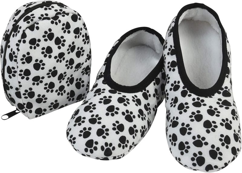 Packable and Foldable Travel Slippers for Women with Zipper Pouch, Soft Sherpa-Lined Slipper Socks Non-Skid