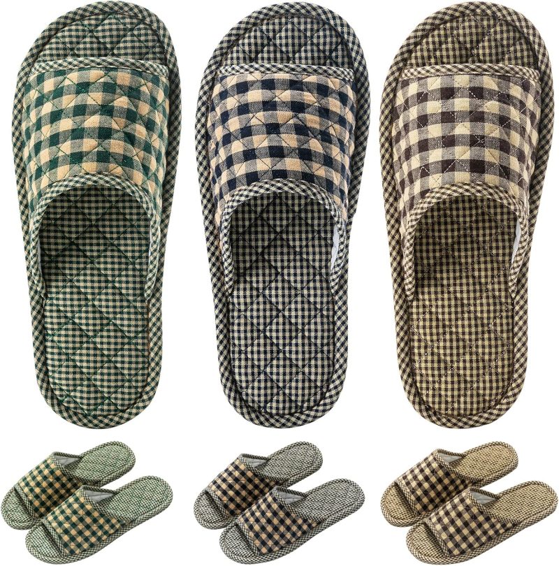 3 Pairs Plaid House Slippers for Men, Open Toe Indoor Slippers Comfortable Washable Portable Foldable Guest Travel Hotel Airplane Spa Slippers